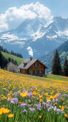 Fototapeta premium Colorful wildflowers surround a rustic wooden cabin in a picturesque alpine landscape with snow-capped mountains in the background