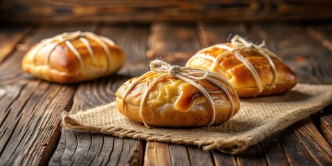 Golden-brown baked goods tied with twine, arranged on rustic wooden surface with burlap