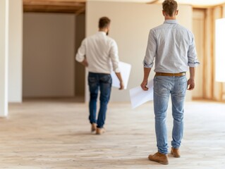 Two Men Inspecting Empty Room Hardwood Floor Construction Real Estate New Home