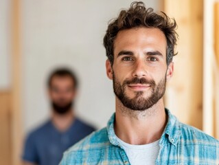 Fototapeta premium Confident Caucasian Man with Beard Casual Shirt Portrait