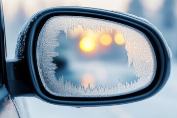 Frosty car side mirror reflecting a winter sunrise with blurred lights in the background