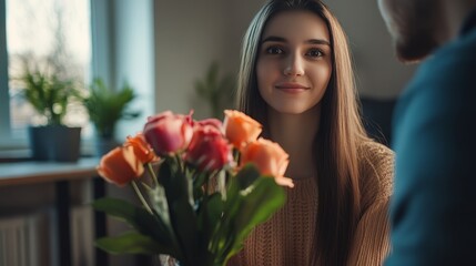Romantic Gesture of Giving Flowers in a Cozy Indoor Setting During the Late Afternoon