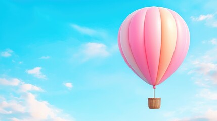 Naklejka premium Pink hot air balloon floats in a blue sky. Travel poster