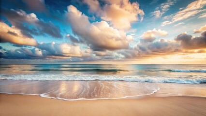 Obraz premium Serene Seascape Golden Hour Light Illuminates a Tranquil Ocean Shore with Gentle Waves and Dramatic Cloud Formations