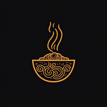A sleek minimalist logo of a steaming curry bowl with intricate decorative patterns in a golden hue on a dark background