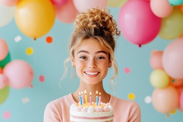 Young girl celebrating her birthday with a colorful cake surrounded by balloons and festive decorations