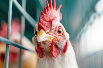 Close-up of a white rooster with bright red comb and wattles inside a wire enclosure during daylight at a local farm