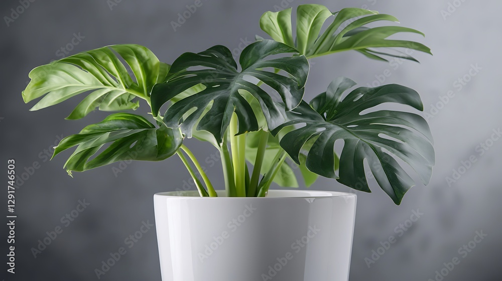 Canvas Prints Lush Monstera Plant in White Pot Against a Soft Gray Background with Subtle Lighting