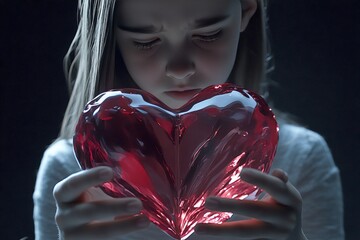 Sign of love and affection. Youth valentine's day greeting card: adolescent girl with miserable face holds red heart in hands. Commercial promotion idea. Love expression through art.