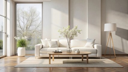 Serene Living Room with Modern Sofa, Wooden Coffee Table, and Natural Light
