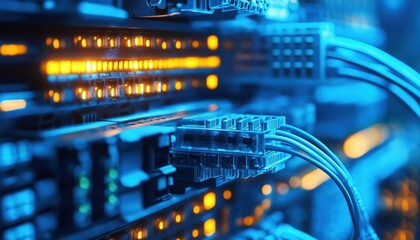 Enhancing Network Connectivity With Fiber Optic Technology In Core Network Switches. Fiber-Optic Connections Are Crucial For High-Speed And Reliable Communication.