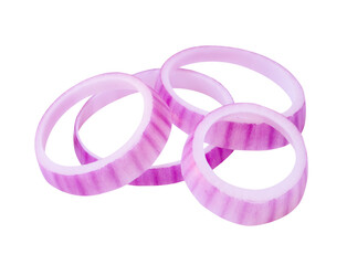 Top view of fresh red or purple onion rings or slices in stack isolated on white background with clipping path
