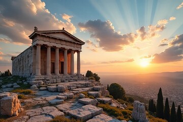 Obraz premium Ancient Temple at Sunset Over Cityscape - Majestic Greek Ruins at Golden Hour