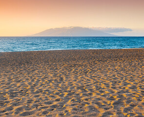 Sunset on The Black Sand of Oneuli Beach With Lanai In The Distance, Makena State Park, Maui,...
