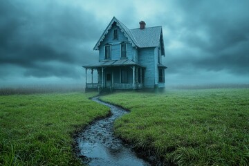 A spooky, atmospheric scene of an old house in the countryside at night with fog and moonlight shining through the windows. A small creek or stream is visible nearby. The sky above has dark