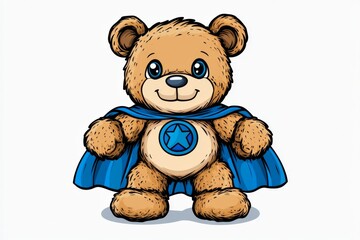 Fototapeta premium a 2D cartoon illustration of a teddy bear dressed as a superhero, cute and brave, white background