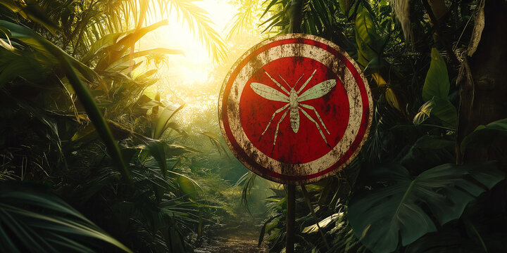 Mosquito warning sign in dense jungle setting with sunlight