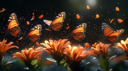Fototapeta premium Delicate monarch butterflies fluttering among vibrant flowers in a serene garden nature photography close-up view