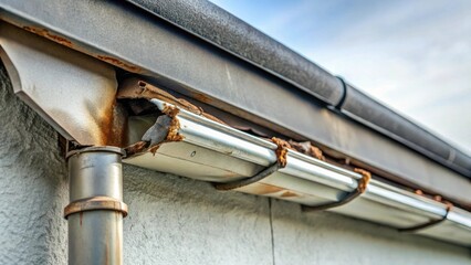 Severely corroded metal gutter system requiring urgent repair and replacement due to extensive rust damage and structural deterioration