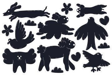 Bubble abstract  animals sticker pack. Minimal black balloon elements in trendy retro style. Cartoon isolated vector illustration