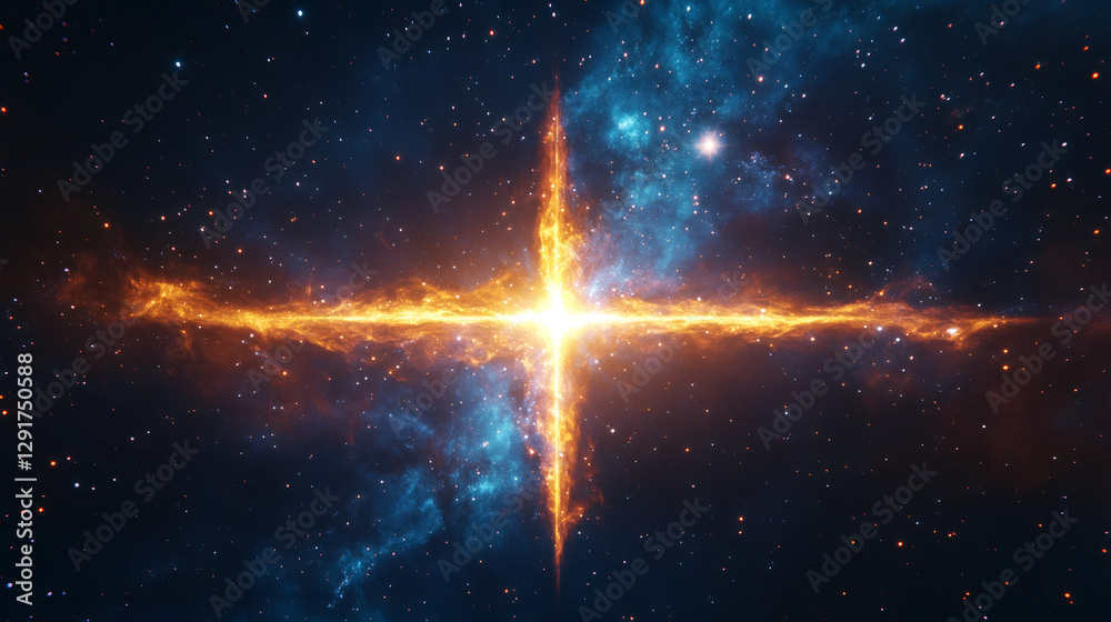Poster vibrant orange and blue energy beams exploding in a striking cross shape, surrounded by countless st
