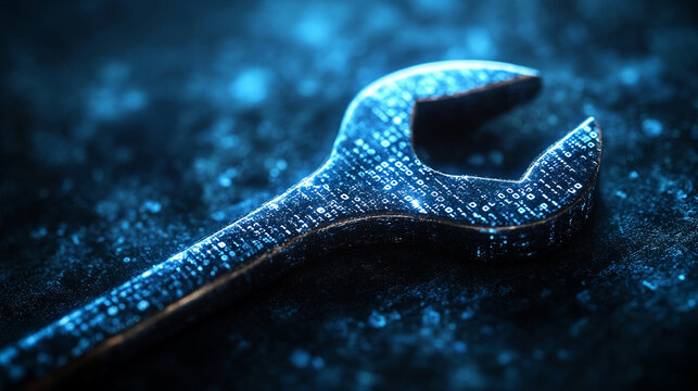 A digital wrench spanner with glowing binary code symbolizes the fusion of AI and predictive maintenance in modern systems, revolutionizing equipment diagnostics and remote repair assistance for effic