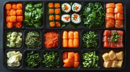 Assorted sushi and sashimi in black bento box, prepared for takeout