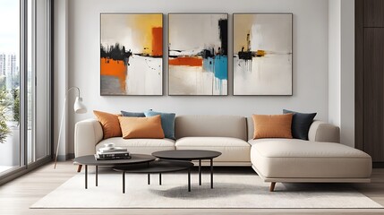 Obraz premium Beautiful Modern Living room Interior with furniture's ,mockup frame , posters, wall -3d Rendering