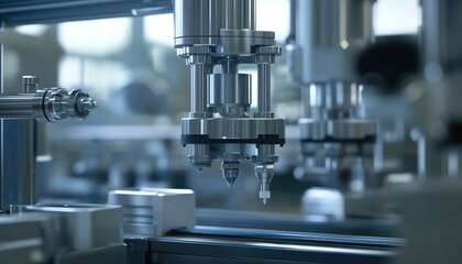 Industrial Machine Equipped With Robotic Pneumatic Piston Sucker Unit For Automated Compressed Air Factory Production.