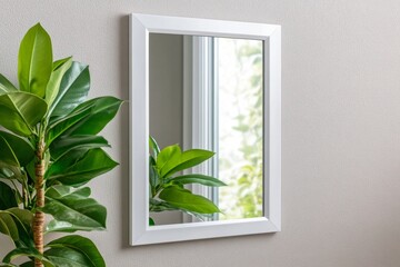 A white rectangular mirror is hanging on the wall, with light gray walls in front of it. The frame has no glass and looks very clean and simple. There is a window behind the mirror