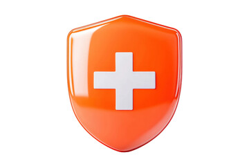 Fototapeta premium Bright orange shield with white first aid symbol, cut out
