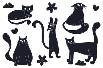 Bubble abstract cat sticker pack. Minimal black balloon elements in trendy retro style. Cartoon isolated vector illustration