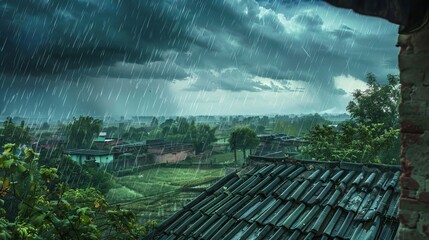 cloudy sky, rainy day view city from window
