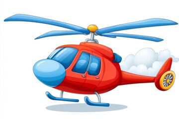 a 2D cartoon illustration of a toy helicopter flying in the sky, adventurous and fun, white background