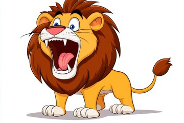Obraz premium a 2D cartoon illustration of a toy lion roaring loudly, brave and playful, white background