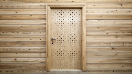 A Light Wooden Door with a Perforated Design, Set within a Matching Frame Against a Horizontal Plank Wall