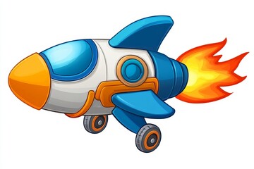 a 2D cartoon illustration of a toy spaceship with flames coming from the engine, exciting and futuristic, white background