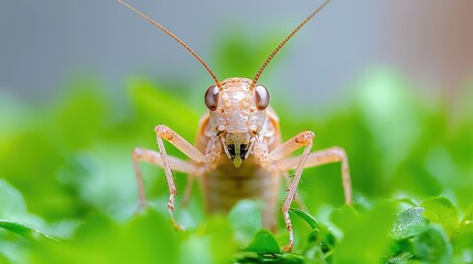 Close-up of pale grasshopper on green leaves