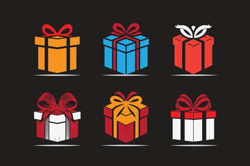 gift box icons arranged in a grid pattern. Each gift box has a unique design and pattern, including stripes, polka dots, and solid colors