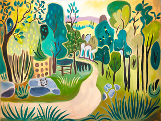 Summer Country Lane Abstract Naive Style Landscape 