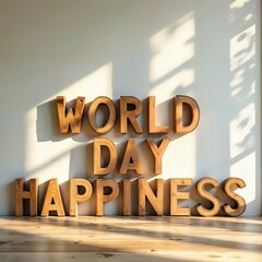 World Day Happiness. Wooden letters spelling World Day Happiness on a light background with sun...