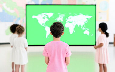 Children observing a world map on a screen.