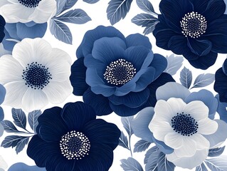 A seamless floral pattern featuring large, bold flowers in deep navy blue, gray, and white. The flowers have intricate petal details outlined in white, with smaller blossoms and leaves