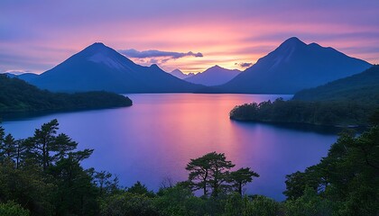 Scenic lake sunset mountain range