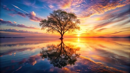 Obraz premium Serene Sunset Reflection A Solitary Tree Stands Silently in a Calm Lake, Its Silhouette Mirrored in the Golden Waters, as the Sun Dips Below the Horizon, Painting the Sky with Vivid Hues