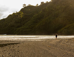 Female Tourist Walking on Black Sand Beach From Honomanu Bay, Honomanu Beach Park, Maui, Hawaii, USA