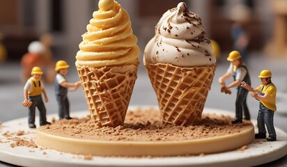 Miniature Construction Workers Building Ice Cream Cones – Playful Food Art Scene