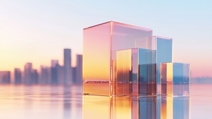 Abstract cityscape composed of transparent cubes, a futuristic metropolis illuminated by cyberpunk-style neon lights and reflections