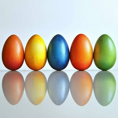 A vibrant display of five colorful, reflective eggs arranged in a line, showcasing a variety of bright hues against a light background.