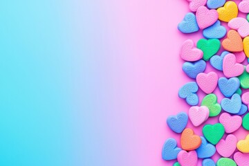Obraz premium Colorful heart-shaped candies scattered on a gradient background, creating a cheerful and playful atmosphere.